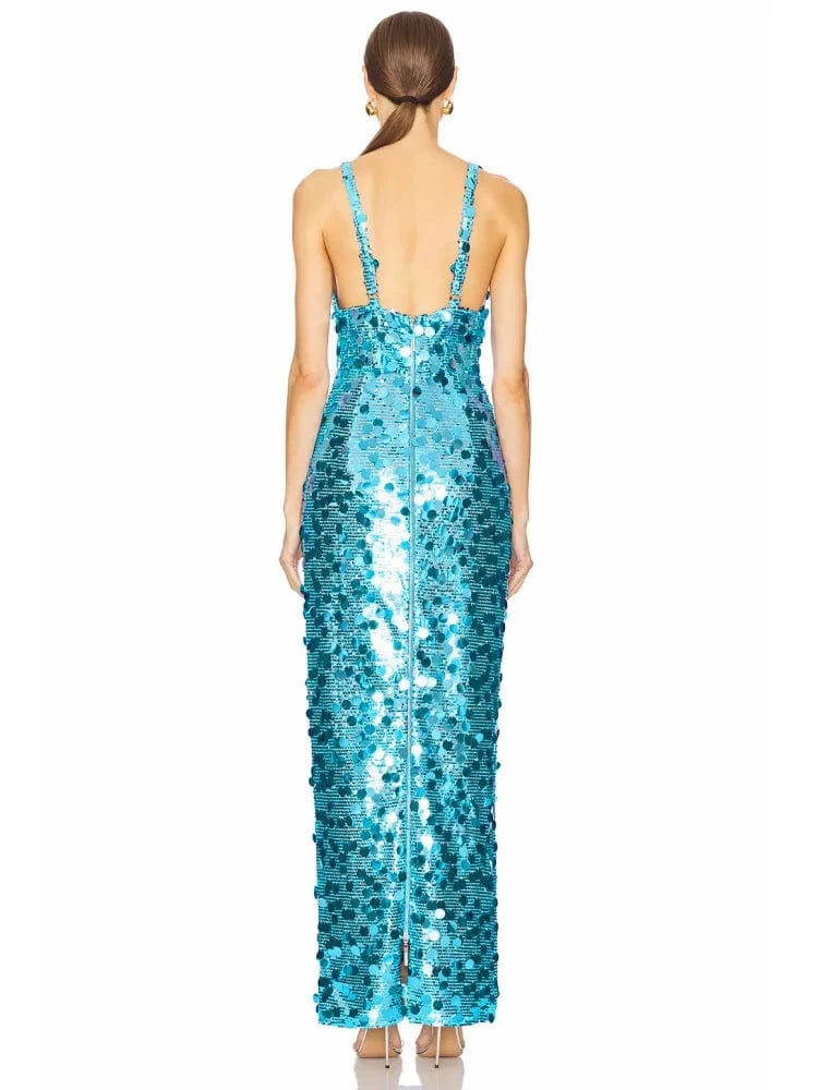 2025 New Sexy Straps Deep V Neck Blue Sequins Long Dress Women Sleeveless Backless Bodycon Dress Evening Party Cocktail Gown
