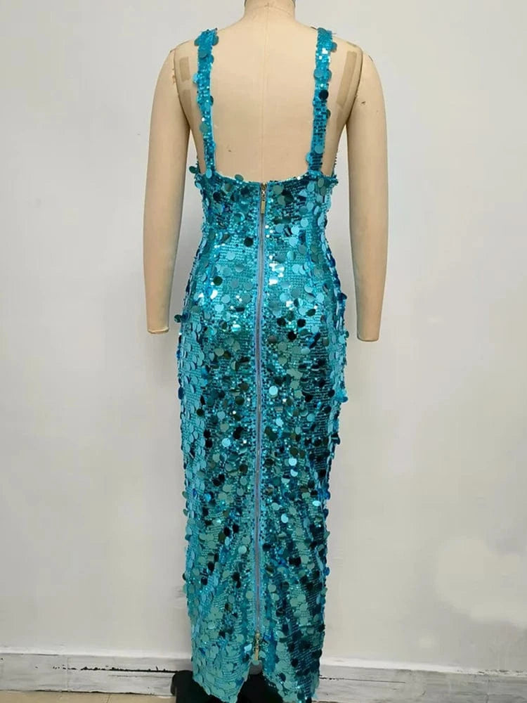 2025 New Sexy Straps Deep V Neck Blue Sequins Long Dress Women Sleeveless Backless Bodycon Dress Evening Party Cocktail Gown