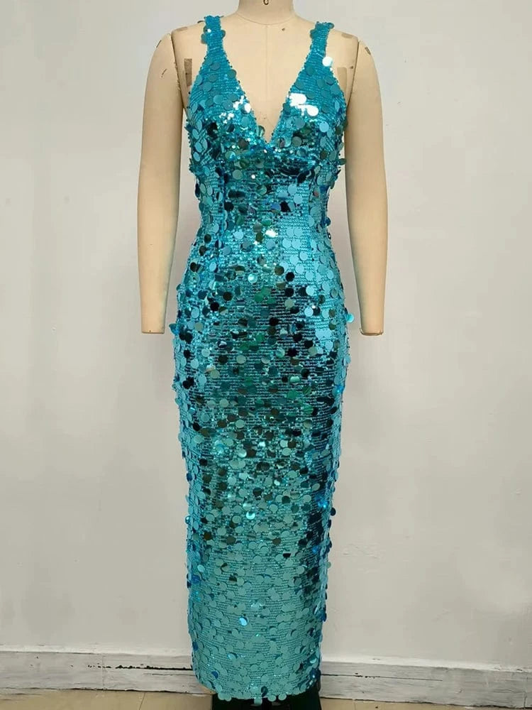 2025 New Sexy Straps Deep V Neck Blue Sequins Long Dress Women Sleeveless Backless Bodycon Dress Evening Party Cocktail Gown