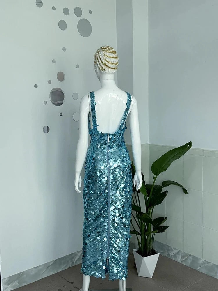 2025 New Sexy Straps Deep V Neck Blue Sequins Long Dress Women Sleeveless Backless Bodycon Dress Evening Party Cocktail Gown