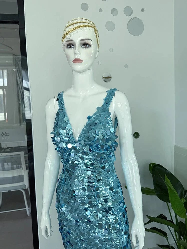 2025 New Sexy Straps Deep V Neck Blue Sequins Long Dress Women Sleeveless Backless Bodycon Dress Evening Party Cocktail Gown