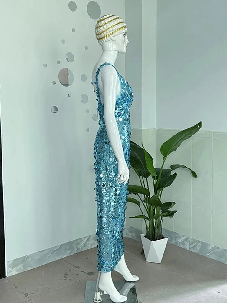 2025 New Sexy Straps Deep V Neck Blue Sequins Long Dress Women Sleeveless Backless Bodycon Dress Evening Party Cocktail Gown