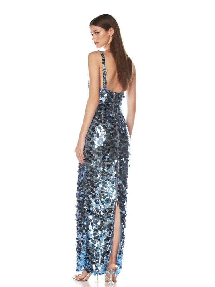 2025 New Sexy Straps Deep V Neck Blue Sequins Long Dress Women Sleeveless Backless Bodycon Dress Evening Party Cocktail Gown
