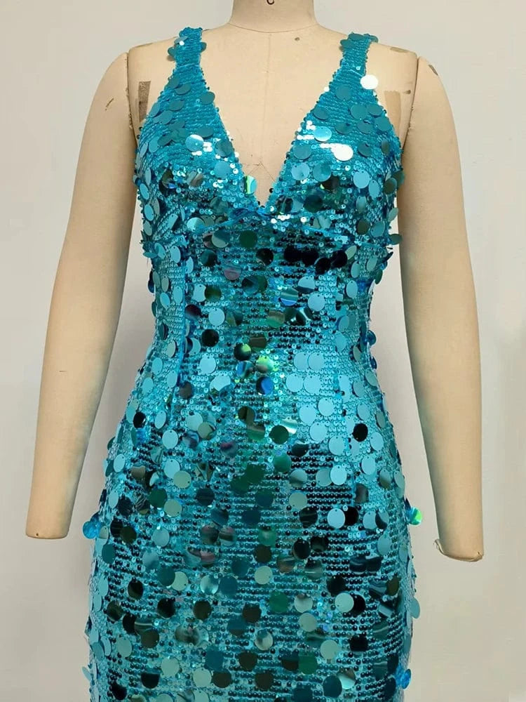 2025 New Sexy Straps Deep V Neck Blue Sequins Long Dress Women Sleeveless Backless Bodycon Dress Evening Party Cocktail Gown
