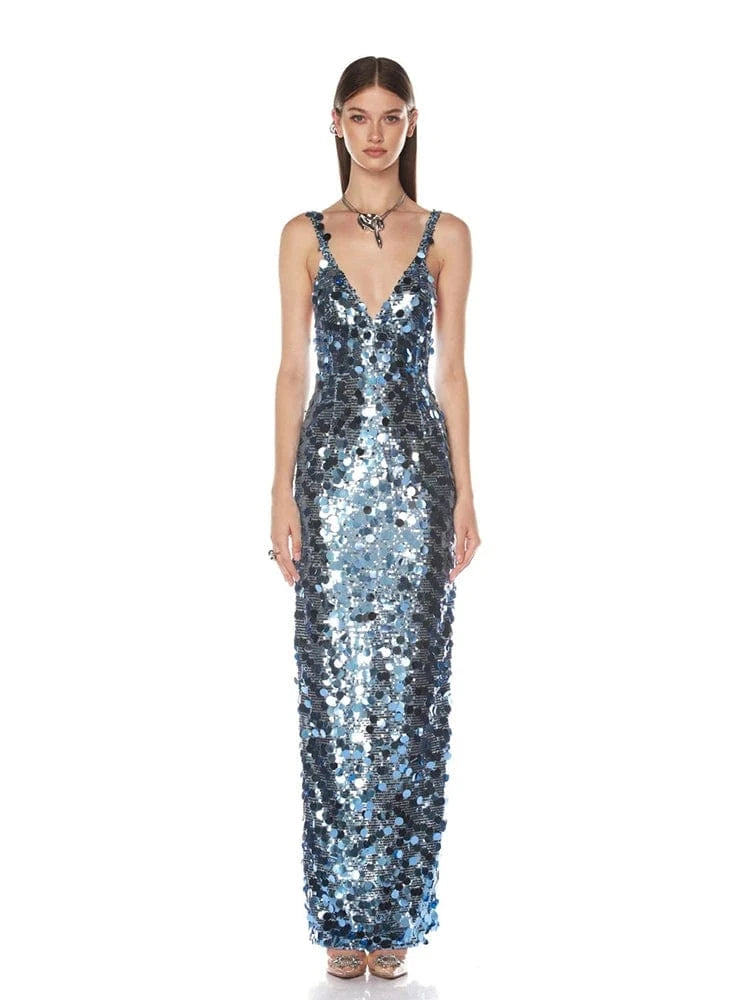 2025 New Sexy Straps Deep V Neck Blue Sequins Long Dress Women Sleeveless Backless Bodycon Dress Evening Party Cocktail Gown