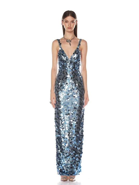 2025 New Sexy Straps Deep V Neck Blue Sequins Long Dress Women Sleeveless Backless Bodycon Dress Evening Party Cocktail Gown