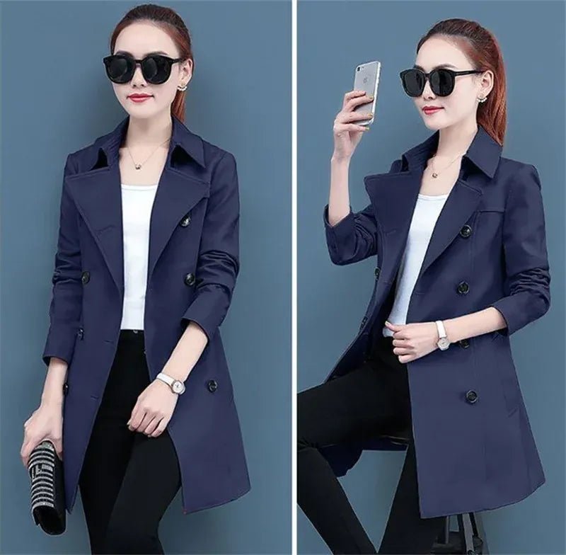 2025 New Trench Coat Midi Length Fashion Korean Elegant Khaki Black Loose Women's Windbreaker Coat Casual Double Breasted Tops - SN Wigs & More