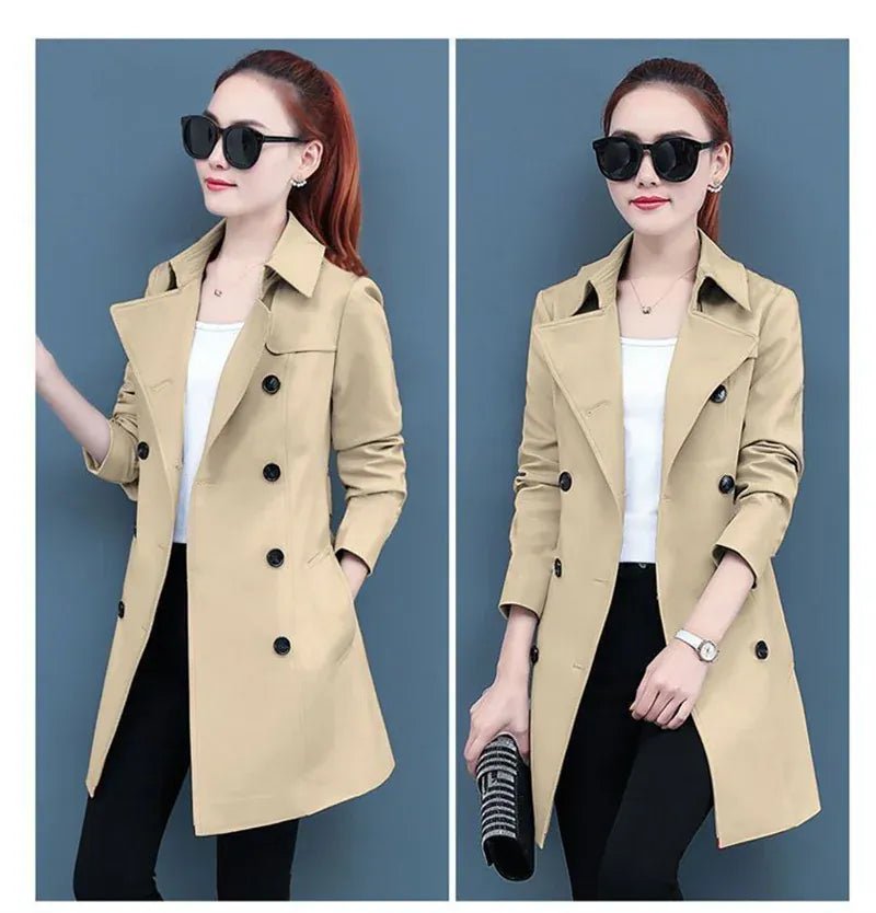 2025 New Trench Coat Midi Length Fashion Korean Elegant Khaki Black Loose Women's Windbreaker Coat Casual Double Breasted Tops - SN Wigs & More