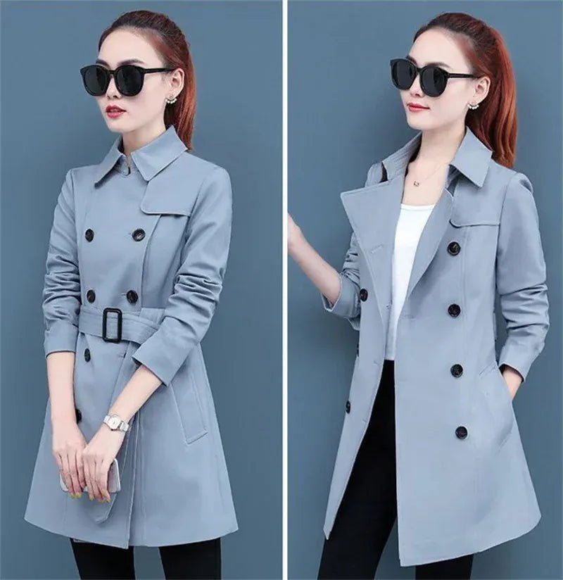 2025 New Trench Coat Midi Length Fashion Korean Elegant Khaki Black Loose Women's Windbreaker Coat Casual Double Breasted Tops - SN Wigs & More