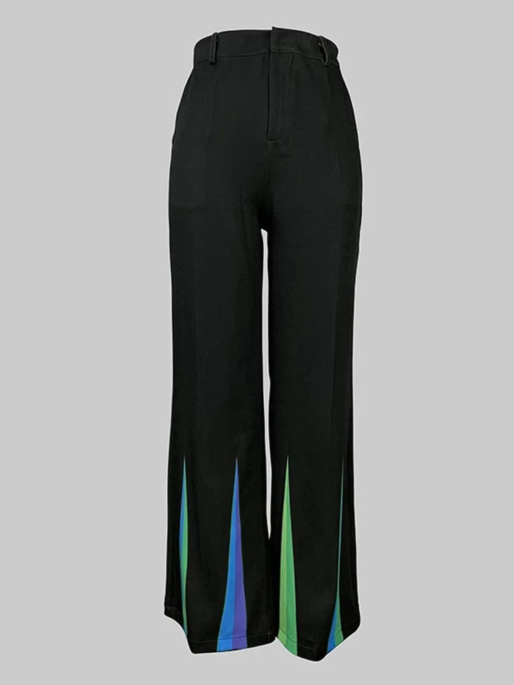 2025 New Women Black Printed Straight Leg Pants Pockets Loose Fit High Waisted Office Business Casual Trousers