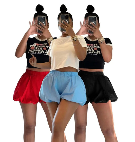 2025 spring latest design female women lady solid color  elegant lounge wear puff red blue bubble fabric baddie shorts for women