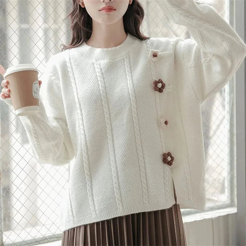 2025 Spring new arrival fashion lady crew neck long sleeve flower decorative high quality jumper