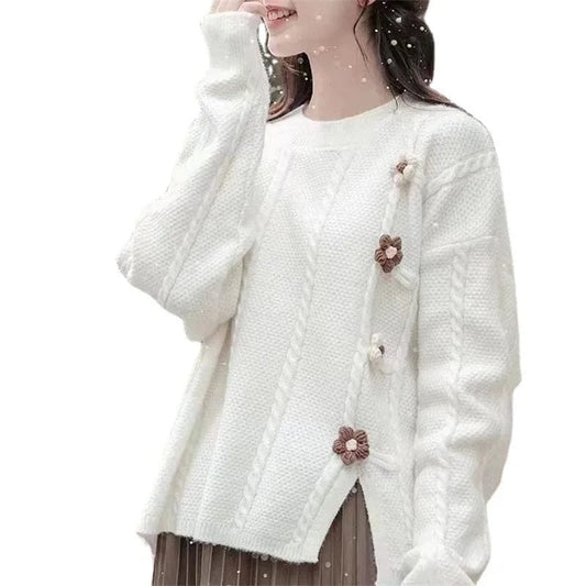 2025 Spring new arrival fashion lady crew neck long sleeve flower decorative high quality jumper