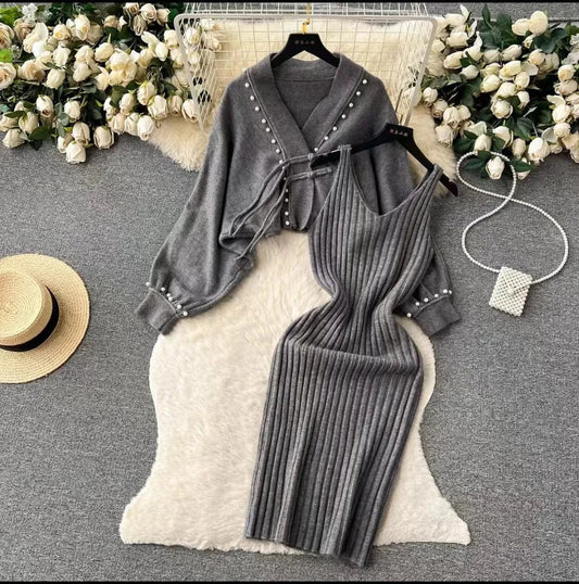 2025 spring new arrival fashion lady v neck sleeveless long dress and v neck batwing sleeve pear decorative sweater dress