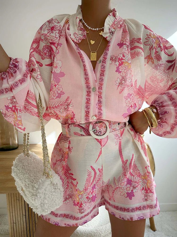 2025 Spring Summer Single - Breasted 2PCS Sets, Women Holiday Long Sleeve Shorts Suits, Printing V Neck Fashion Chic Ladies Outfit - SN Wigs & More