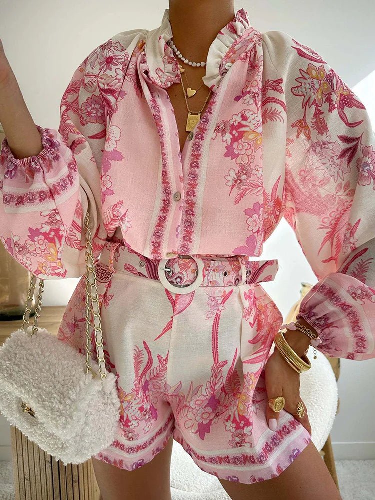 2025 Spring Summer Single - Breasted 2PCS Sets, Women Holiday Long Sleeve Shorts Suits, Printing V Neck Fashion Chic Ladies Outfit - SN Wigs & More