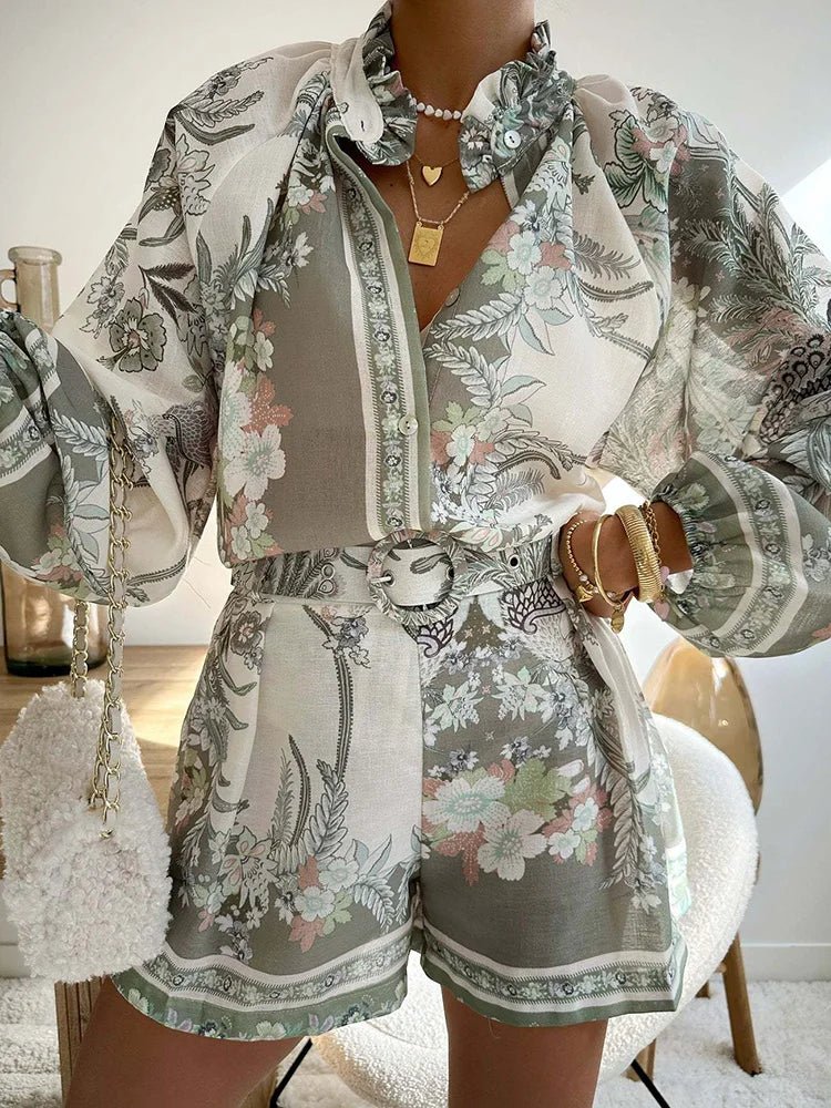 2025 Spring Summer Single - Breasted 2PCS Sets, Women Holiday Long Sleeve Shorts Suits, Printing V Neck Fashion Chic Ladies Outfit - SN Wigs & More