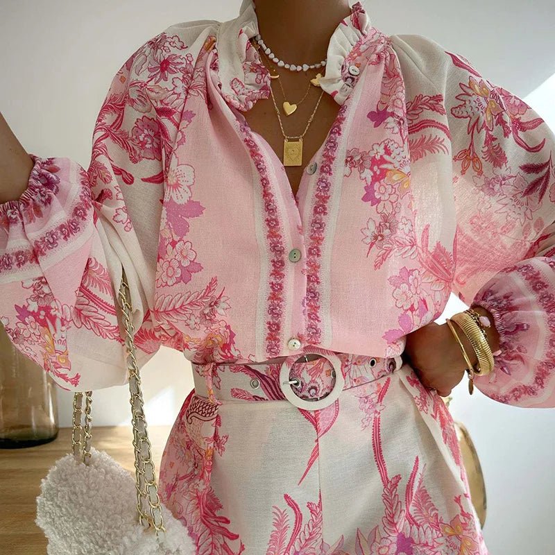 2025 Spring Summer Single - Breasted 2PCS Sets, Women Holiday Long Sleeve Shorts Suits, Printing V Neck Fashion Chic Ladies Outfit - SN Wigs & More