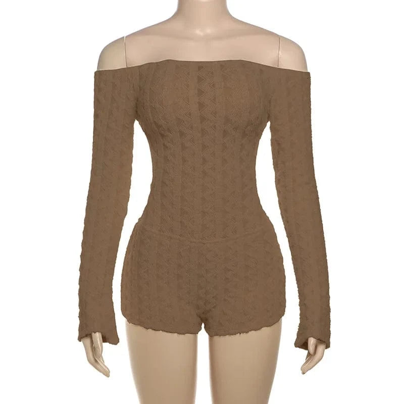 2025 Spring Women's Clothes Above Knee Sexy Knit Rib Romper One Piece Off Shoulder Long Sleeve Skinny Short Jumpsuits Playsuits