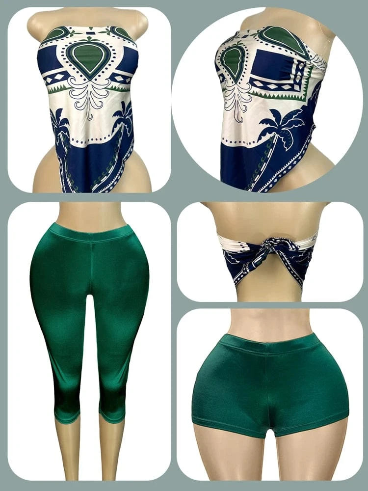2025 Summer 2 Piece Set Woman Outfits Backless Print Scarf Tops and Shorts Suits Streetwear Sexy Club Two Piece Matching Sets