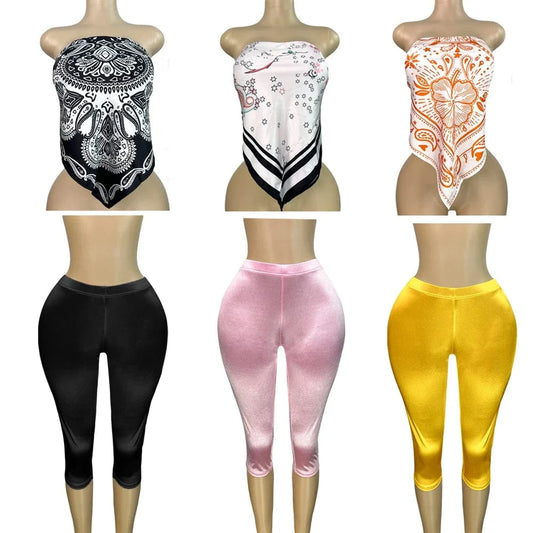 2025 Summer 2 Piece Set Woman Outfits Backless Print Scarf Tops and Shorts Suits Streetwear Sexy Club Two Piece Matching Sets