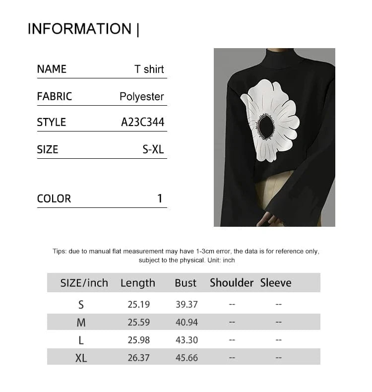 2025 Summer New Women's Tops Flared Long Sleeve Turtleneck Top Color Black Polyester Printed Pattern Explosion