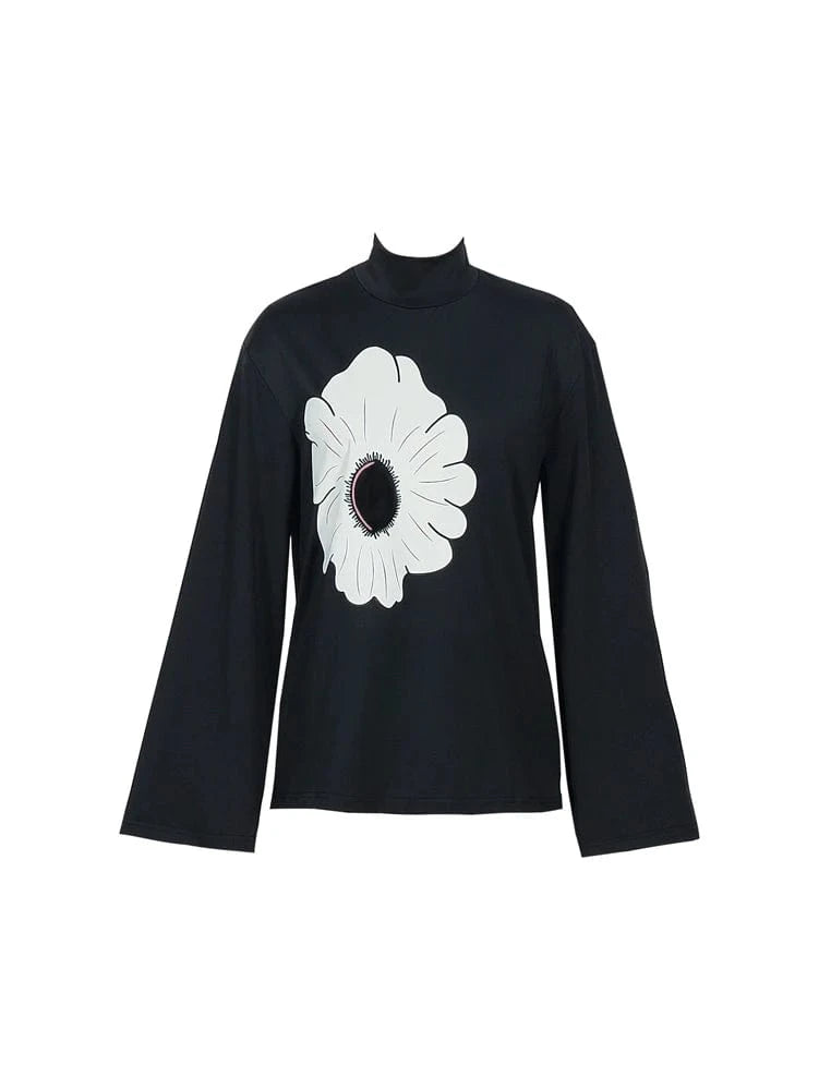 2025 Summer New Women's Tops Flared Long Sleeve Turtleneck Top Color Black Polyester Printed Pattern Explosion