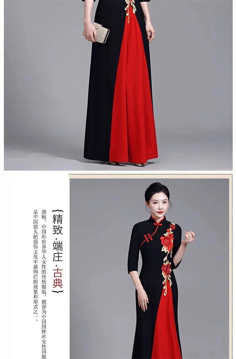 2025 Summer Women New Middle aged Elderly Dress Improved High end Non Ironing Show Elegant Slim And Long Embroide Red Dress 6XL