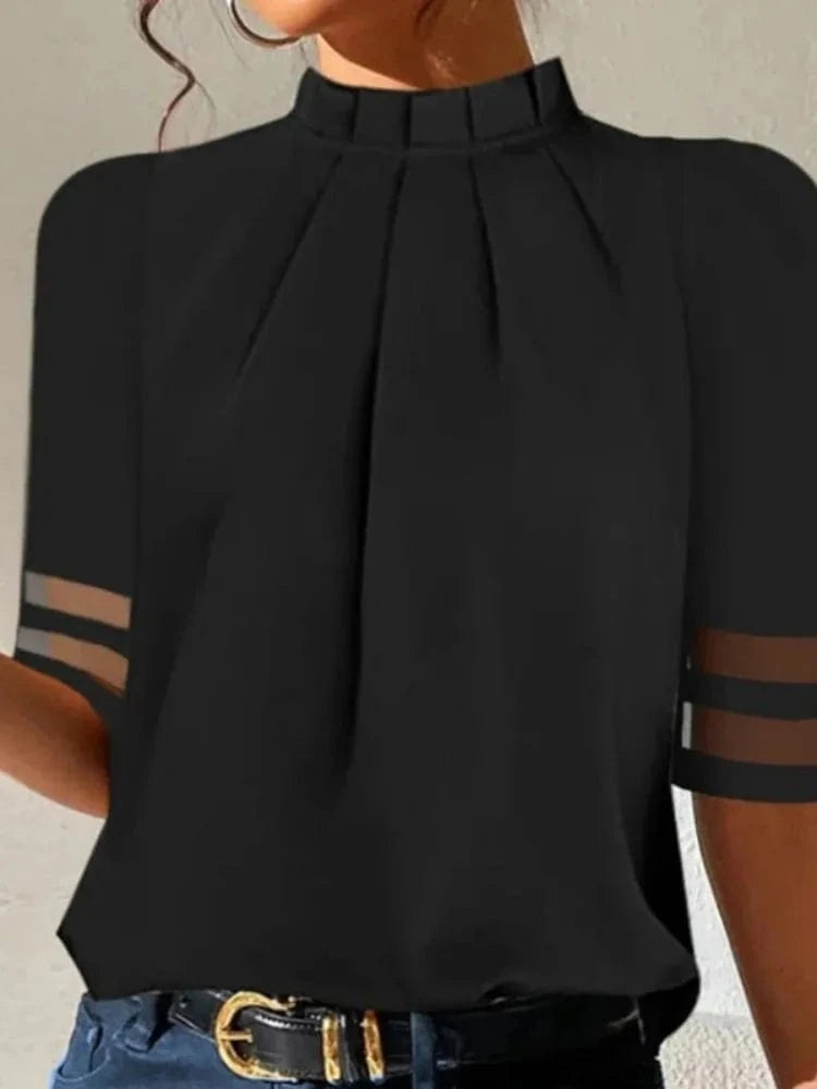 2025 Summer Women's Solid Black Tops Pleated Round Neck Mesh Patchwork Short Sleeve T-shirt Female Casual Shirts