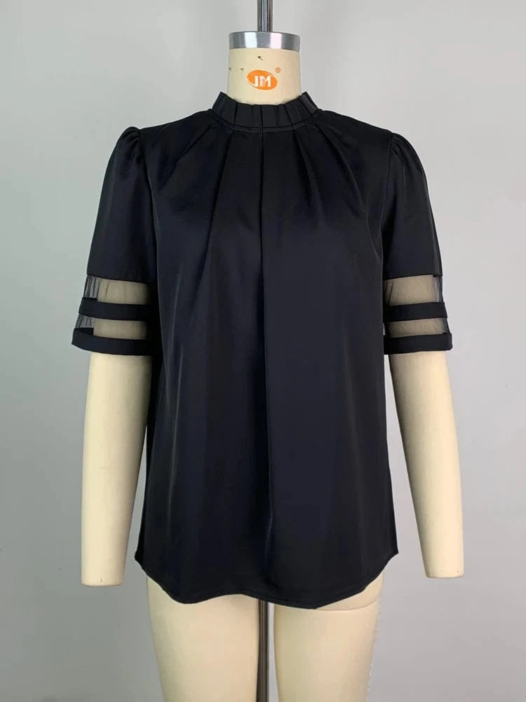 2025 Summer Women's Solid Black Tops Pleated Round Neck Mesh Patchwork Short Sleeve T-shirt Female Casual Shirts