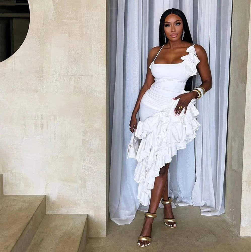 2025 Summer Women Sexy Dress Bodycon Sleeveless Asymmetrical Tierred Ruffles Party Dresses Spaghetti Strap Birthday Vestidos