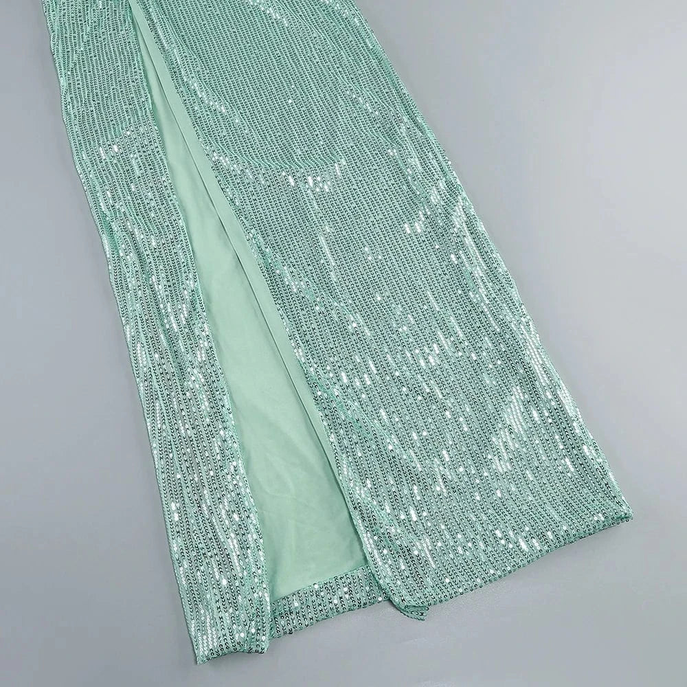 2025 Trendy Inspired Women Sequin Spaghetti Strap Maxi Dress with Square Neckline High Side Slit for Retro-Themed Evening Galas