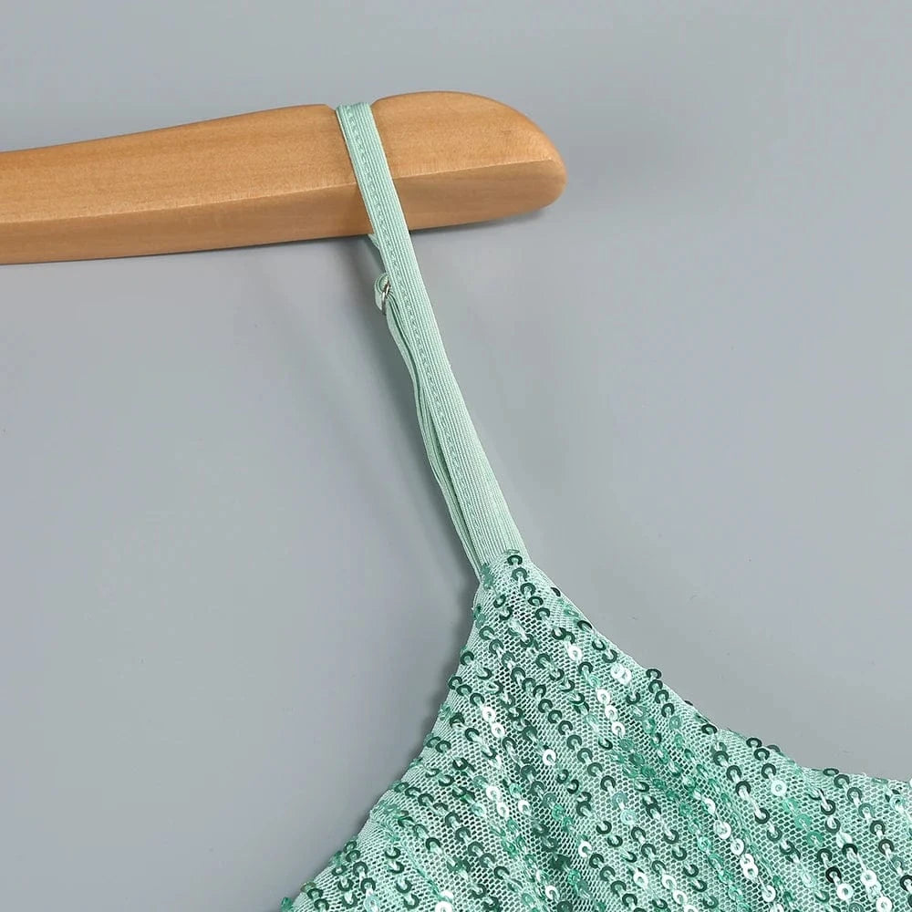 2025 Trendy Inspired Women Sequin Spaghetti Strap Maxi Dress with Square Neckline High Side Slit for Retro-Themed Evening Galas