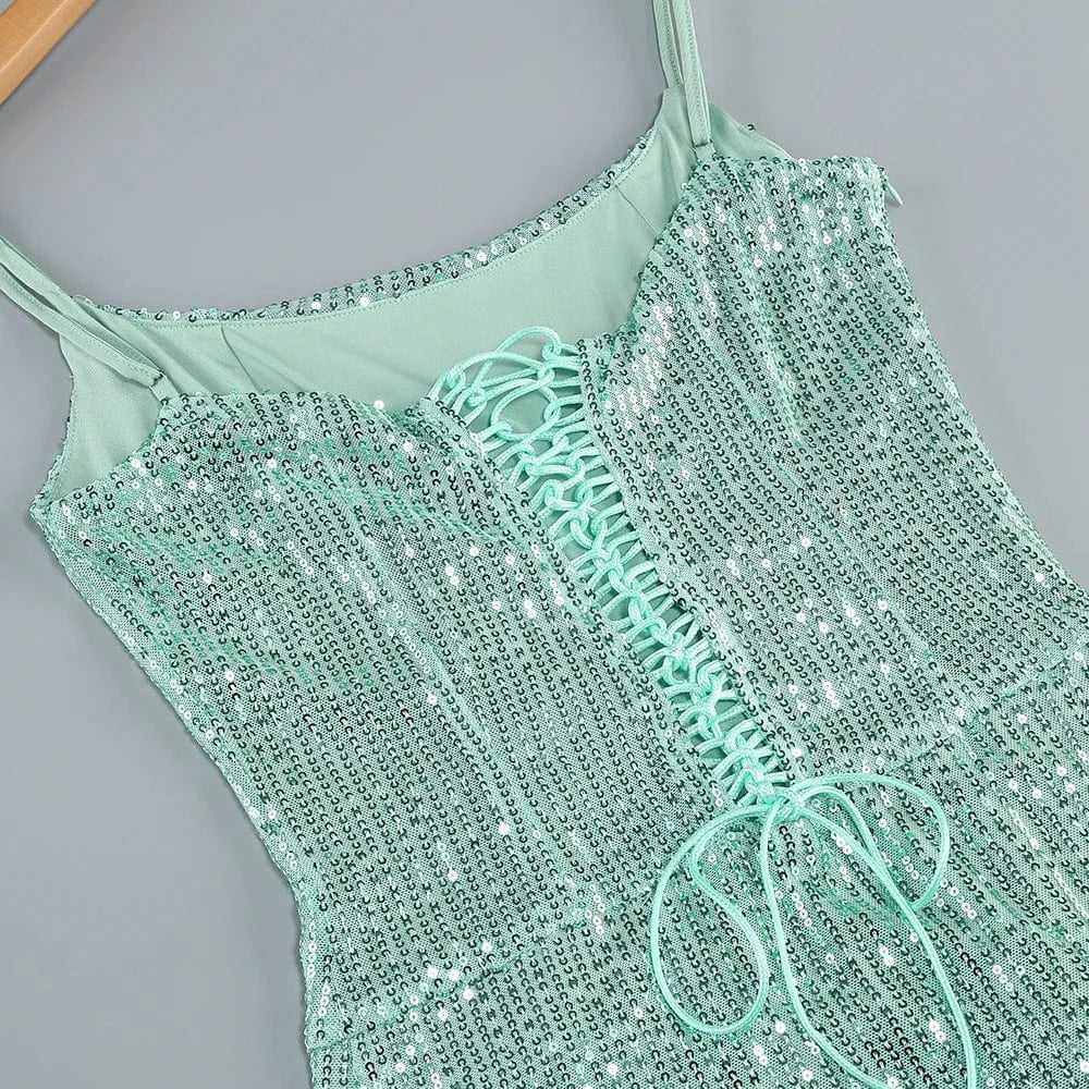 2025 Trendy Inspired Women Sequin Spaghetti Strap Maxi Dress with Square Neckline High Side Slit for Retro-Themed Evening Galas