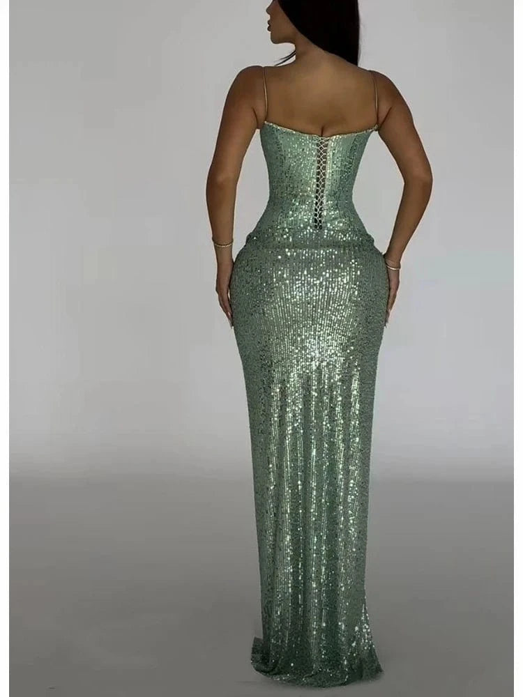 2025 Trendy Inspired Women Sequin Spaghetti Strap Maxi Dress with Square Neckline High Side Slit for Retro-Themed Evening Galas