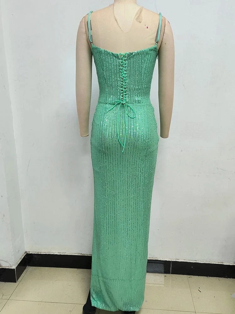 2025 Trendy Inspired Women Sequin Spaghetti Strap Maxi Dress with Square Neckline High Side Slit for Retro-Themed Evening Galas