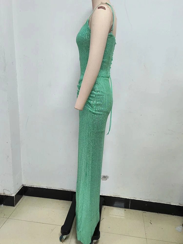 2025 Trendy Inspired Women Sequin Spaghetti Strap Maxi Dress with Square Neckline High Side Slit for Retro-Themed Evening Galas