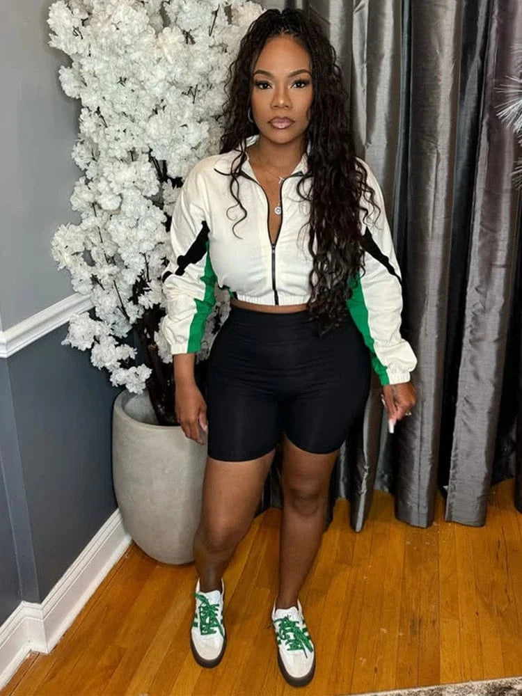 2025 Trendy Women's Tracksuit Sets Contrast Color Zip Long Sleeve Crop Jacket and Slim Shorts Suit Sports Streetwear 2 Piece Set