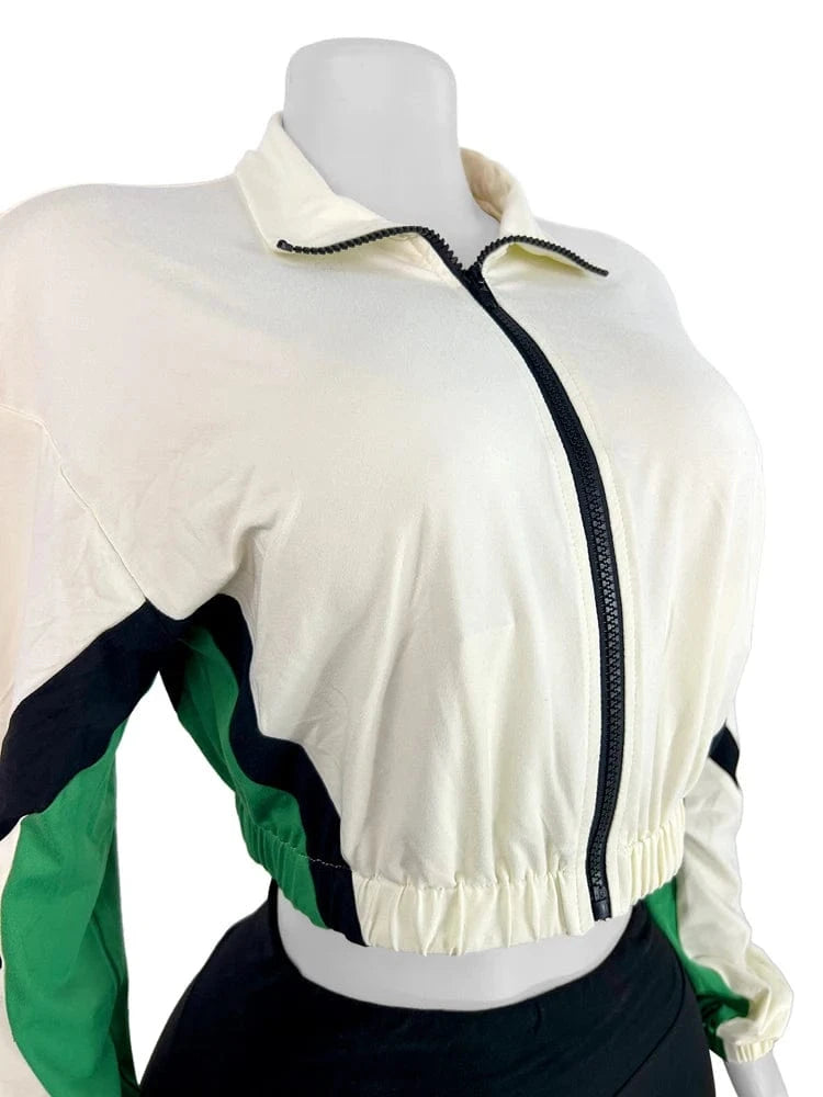 2025 Trendy Women's Tracksuit Sets Contrast Color Zip Long Sleeve Crop Jacket and Slim Shorts Suit Sports Streetwear 2 Piece Set