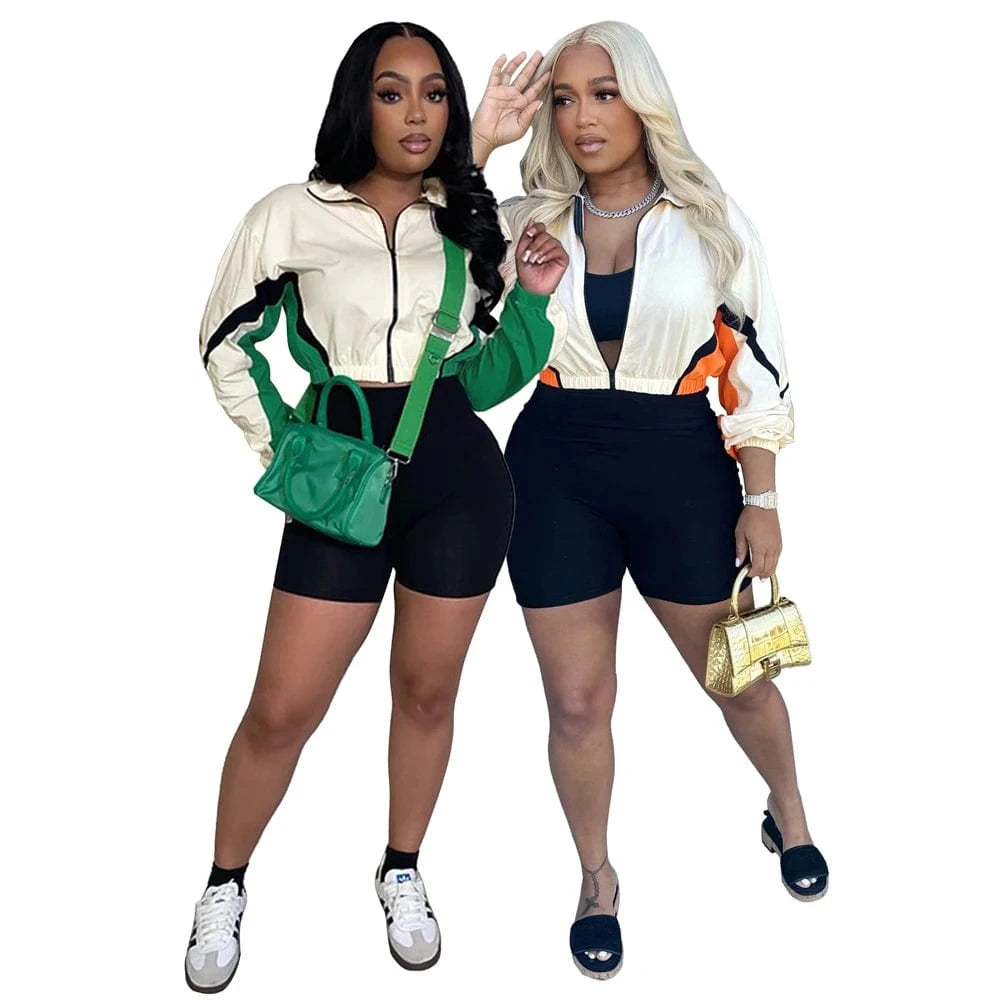 2025 Trendy Women's Tracksuit Sets Contrast Color Zip Long Sleeve Crop Jacket and Slim Shorts Suit Sports Streetwear 2 Piece Set