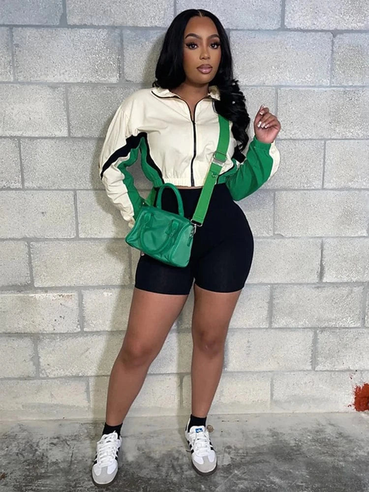 2025 Trendy Women's Tracksuit Sets Contrast Color Zip Long Sleeve Crop Jacket and Slim Shorts Suit Sports Streetwear 2 Piece Set