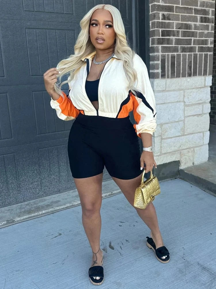 2025 Trendy Women's Tracksuit Sets Contrast Color Zip Long Sleeve Crop Jacket and Slim Shorts Suit Sports Streetwear 2 Piece Set