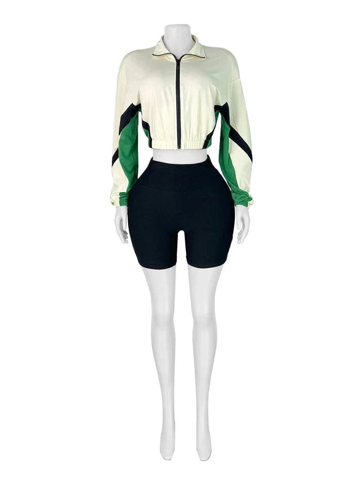 2025 Trendy Women's Tracksuit Sets Contrast Color Zip Long Sleeve Crop Jacket and Slim Shorts Suit Sports Streetwear 2 Piece Set