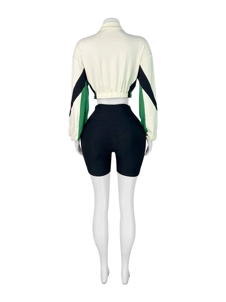 2025 Trendy Women's Tracksuit Sets Contrast Color Zip Long Sleeve Crop Jacket and Slim Shorts Suit Sports Streetwear 2 Piece Set