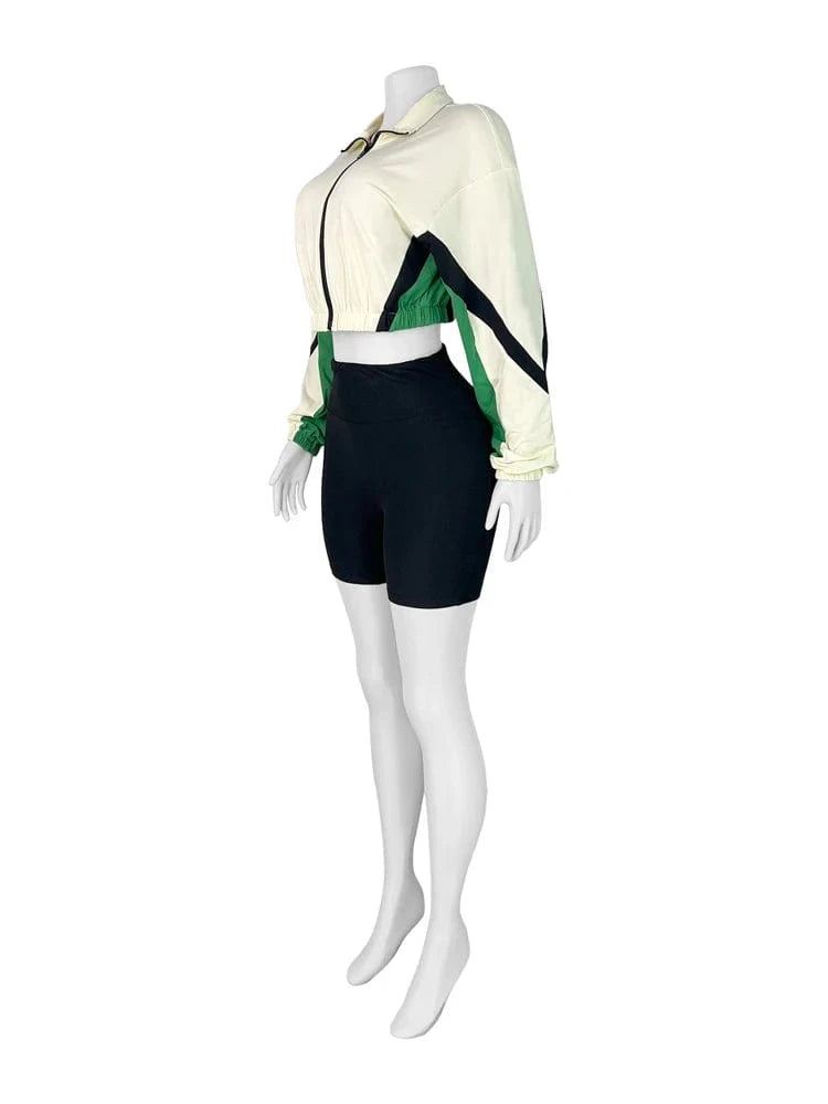 2025 Trendy Women's Tracksuit Sets Contrast Color Zip Long Sleeve Crop Jacket and Slim Shorts Suit Sports Streetwear 2 Piece Set