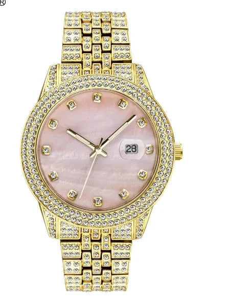 2025 UWIN Pink Mother of Pearl Watch White Gold Finished Iced Out Pink Marble Dial Crystal Luxury Watch for Women
