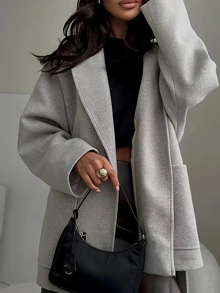 2025 Winter Casual Long Sleeve Grey Outercoat Women's Fashion Lace-Up Warm Woolen Jackets Autumn Fashion V-neck Thickened Coat