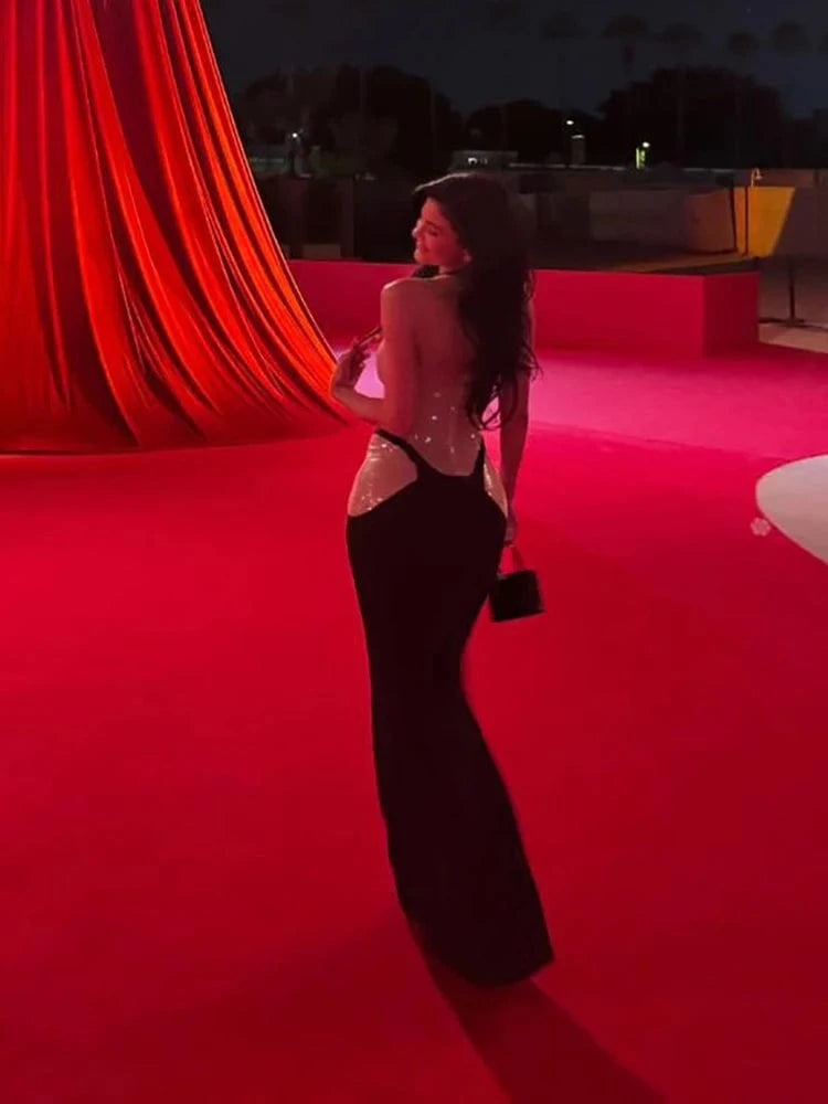 2025 Women Glamorous Sleeveless Cut-out Mermaid Maxi Dress Sparkling Sequin High-Quality Fabric Sexy Trendy for Evening Party