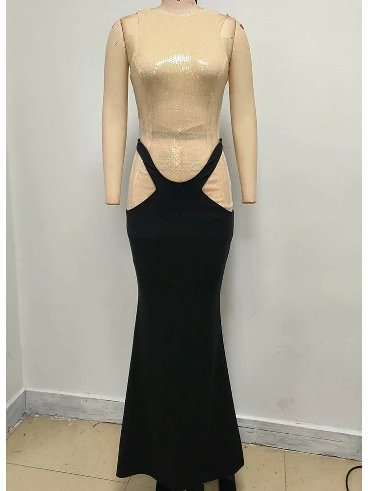 2025 Women Glamorous Sleeveless Cut-out Mermaid Maxi Dress Sparkling Sequin High-Quality Fabric Sexy Trendy for Evening Party