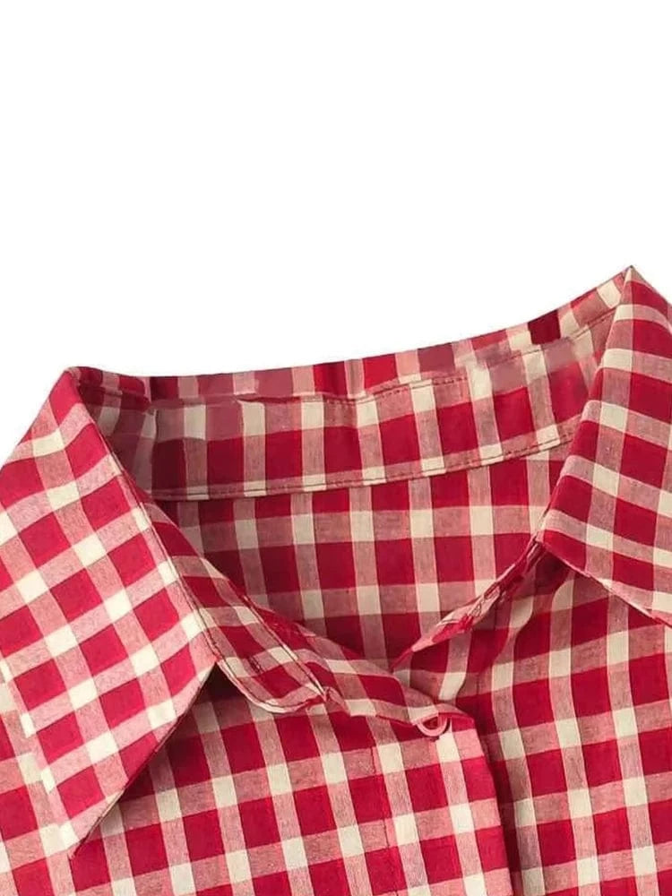 2025 Y2k Autumn Women New Vintage Red Plaid Turn-down Collar Over-shirt Long Sleeve Streetwear Loose Patchwork Harajuku Blouses